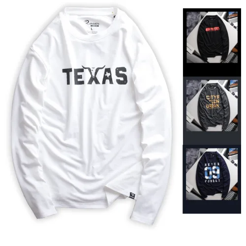 Chỗ sỉ áo Thun Nam Tay Dài Cổ Tròn Rurumen Màu Trắng In Chữ TEXAS Big Size
