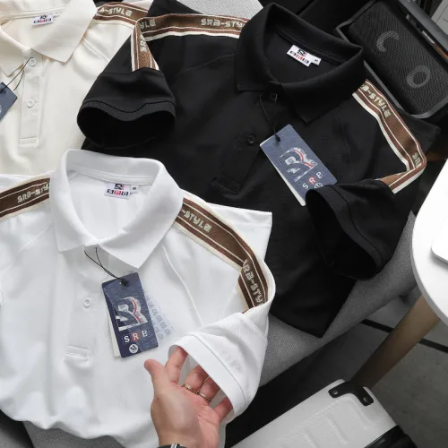 Áo thun polo nam có big size, điểm nhấn sọc chữ phối ở vai