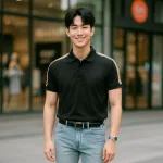 Áo thun polo nam có big size, điểm nhấn sọc chữ phối ở vai
