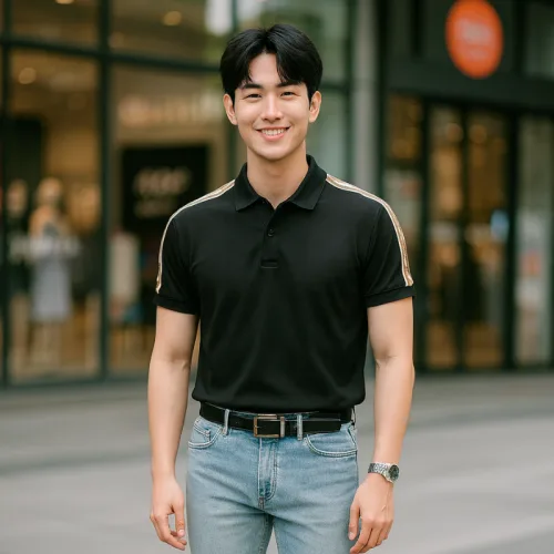 Áo thun polo nam có big size, điểm nhấn sọc chữ phối ở vai