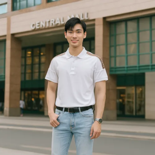 Áo thun polo nam có big size, điểm nhấn sọc chữ phối ở vai