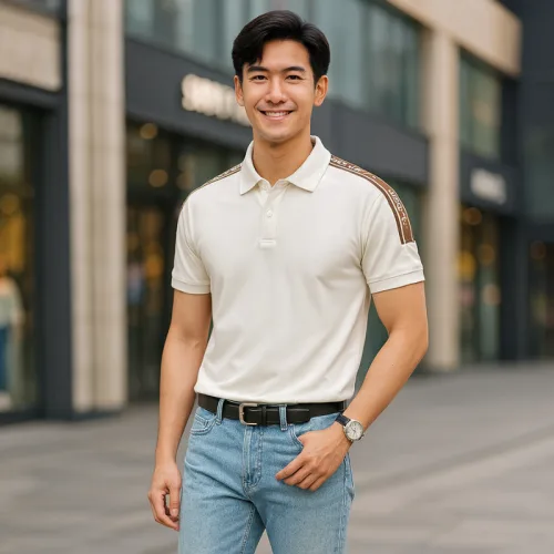 Áo thun polo nam có big size, điểm nhấn sọc chữ phối ở vai