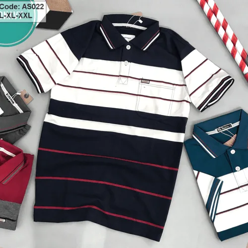 Áo Polo Nam AS026 Sọc Ngang Có Túi, Thun Cotton Size L-XL-XXL