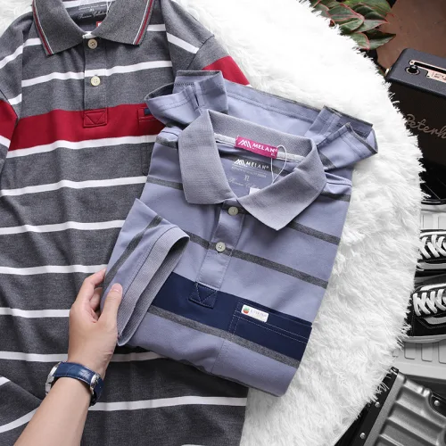 Nguồn hàng sỉ áo Thun Sọc Nam Melan Cổ Bẻ Có Túi Thun Cotton