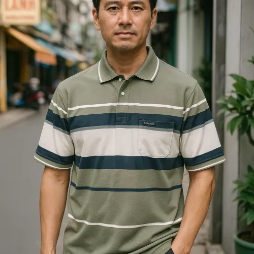 Áo Thun Nam Trung Niên Sọc Cổ Bẻ Có Túi Cotton Cao Cấp Size 3X