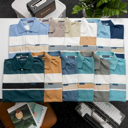 Chuyên sỉ áo Thun Sọc Nam Trung Niên Phối Sọc Màu Cổ Bẻ Có Túi Thun Cotton (Có size 3x)