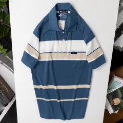 Chuyên sỉ áo Thun Sọc Nam Trung Niên Phối Sọc Màu Cổ Bẻ Có Túi Thun Cotton (Có size 3x)