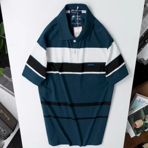 Chuyên sỉ áo Thun Sọc Nam Trung Niên Phối Sọc Màu Cổ Bẻ Có Túi Thun Cotton (Có size 3x)