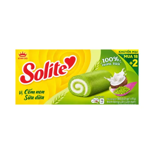 Solite Kinh Đô Bánh Bông Lan Cuộn Kem Cốm Non Sữa Dừa 360g, 20 Gói