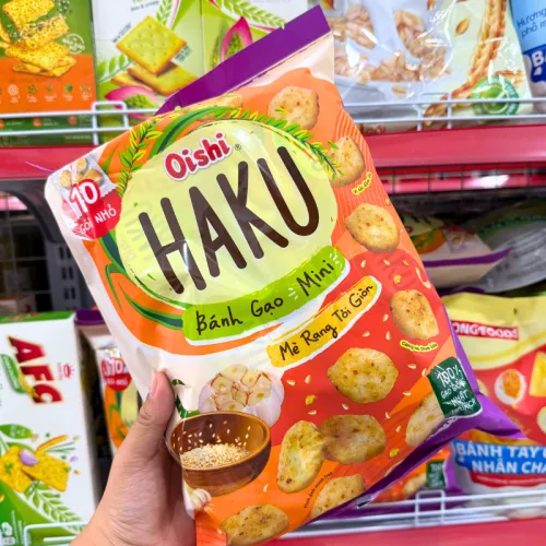 Nguồn hàng sỉ bánh Gạo Mini Oishi Haku Mè Rang Tỏi Giòn 150g