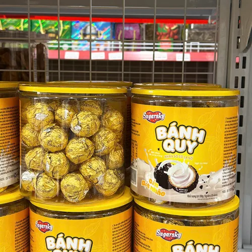 Bánh quy Sugarsky nhân socola nổ cắn bột nhão 500g, hộp vàng