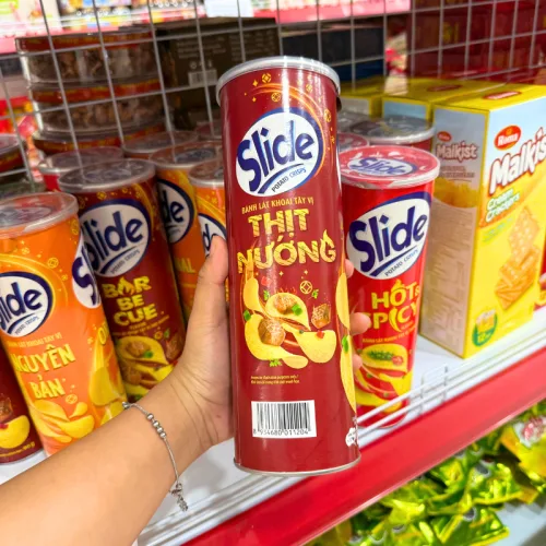 Chuyên sỉ bánh Snack Khoai Tây Lát Slide Vị Thịt Nướng - Bánh Slide Khoai Tây Màu Nâu 145Gr (Hộp To)