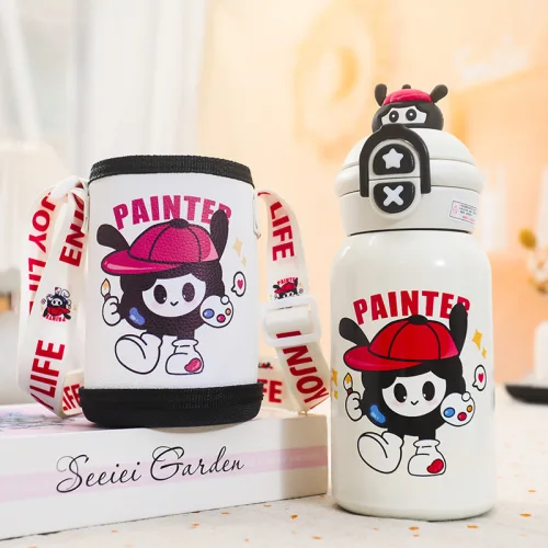 Chỗ sỉ bình Nước Giữ Nhiệt Cho Bé In Hoạt Hình Có Quai Đeo 450ml