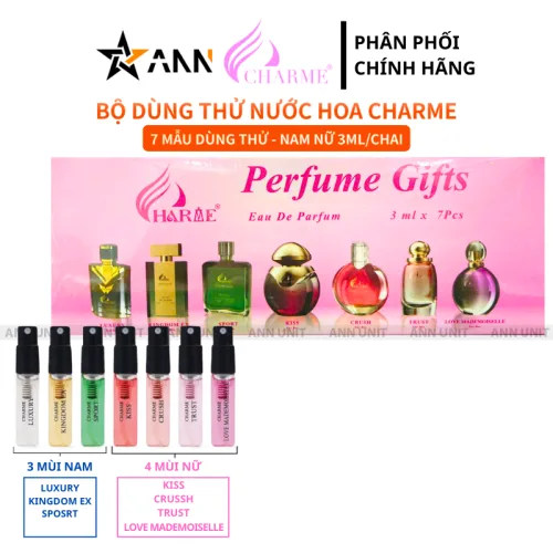Nguồn hàng sỉ bộ Dùng Thử Nước Hoa Charme Màu Hồng 7 Mẫu (4 Mùi Nam & 3 Mùi Nữ) Dung Tích 3ml/Chai