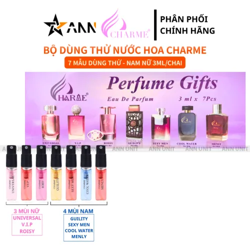 Bộ thử nước hoa Charme màu tím, 7 mẫu gồm 4 nam 3 nữ, 3ml/chai