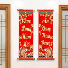 Câu đối đỏ cá chép 3D, bộ 2 chiếc trang trí Tết 30x90cm