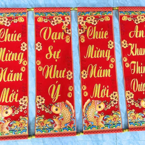 Câu đối đỏ cá chép 3D, bộ 2 chiếc trang trí Tết 30x90cm