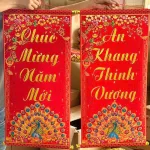 Cặp câu đối đỏ hình công trang trí Tết treo tường 35x75cm