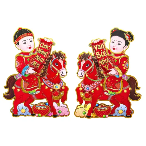 Bộ 2 Tranh Dán Cửa Hình Ngựa Trang Trí Tết 40cm