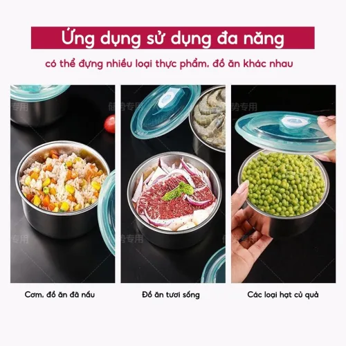 Chuyên sỉ combo 2 Hộp Inox Tròn Đựng Thực Phẩm Có Nắp Đậy 11x11x7cm