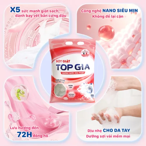 Bột giặt quần áo Top Gia hương nước hoa Pháp, 2 túi 850g