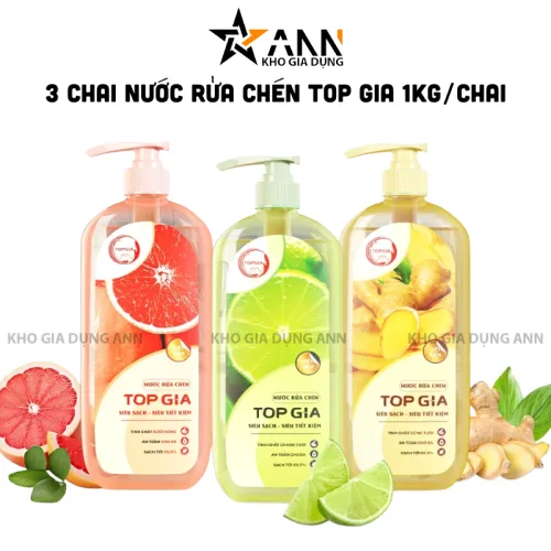 Chuyên sỉ combo 3 Chai Nước Rửa Chén Top Gia Hương Chanh Tươi - Hương Gừng- Hương Bưởi Hồng 1kg/chai