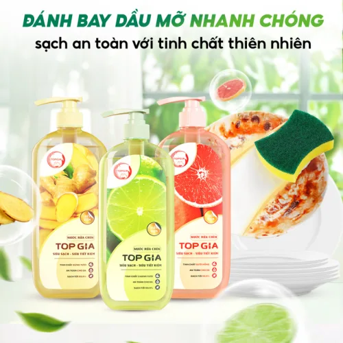 Chuyên sỉ combo 3 Chai Nước Rửa Chén Top Gia Hương Chanh Tươi - Hương Gừng- Hương Bưởi Hồng 1kg/chai