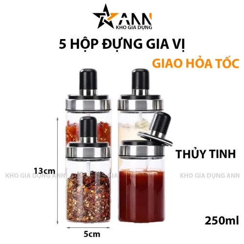 Chuyên sỉ combo 5 Hũ Đựng Gia Vị Bằng Thuỷ Tinh - Lọ Đựng Gia Vị Thuỷ Tinh Có Nắp Đậy Kèm Thìa Nhà Bếp 13x5cm