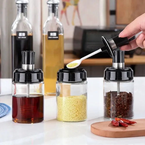 Chuyên sỉ combo 5 Hũ Đựng Gia Vị Bằng Thuỷ Tinh - Lọ Đựng Gia Vị Thuỷ Tinh Có Nắp Đậy Kèm Thìa Nhà Bếp 13x5cm