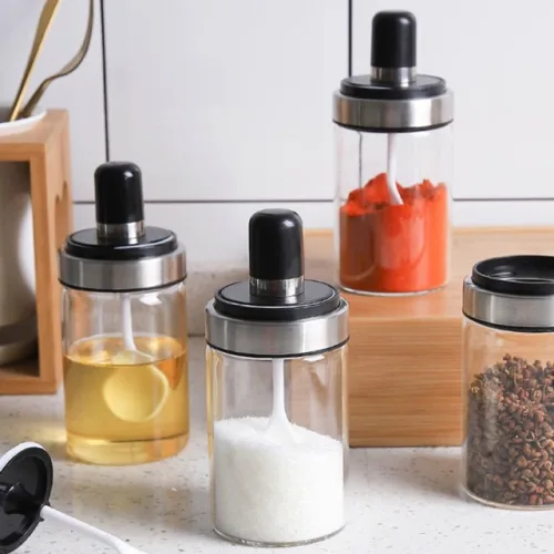 Chuyên sỉ combo 5 Hũ Đựng Gia Vị Bằng Thuỷ Tinh - Lọ Đựng Gia Vị Thuỷ Tinh Có Nắp Đậy Kèm Thìa Nhà Bếp 13x5cm
