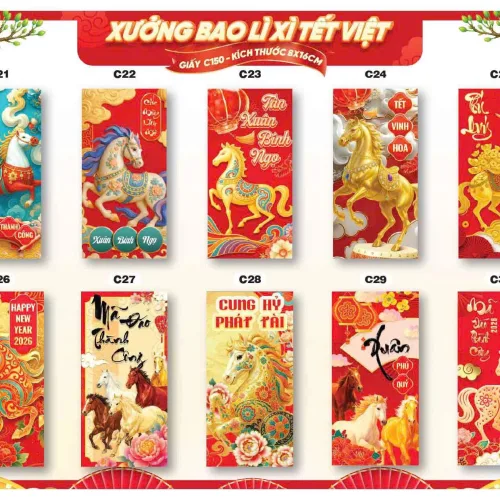 Chỗ sỉ combo 100 Bao Lì Xì Tết Bính Ngọ 2026 - Khách Chọn Tối Đa 10 mẫu