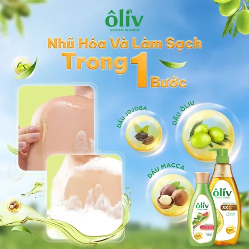Dầu tắm Ôliv Ôliu 3X dưỡng ẩm 650ml, kèm dầu gội Ôliu
