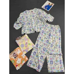 Bộ nữ vải tole họa tiết đáng yêu, áo babydoll tay dài và quần dài, size 45-62kg