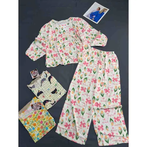 Bộ nữ vải tole họa tiết đáng yêu, áo babydoll tay dài và quần dài, size 45-62kg