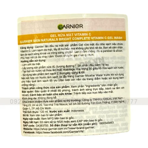 Garnier Bright Complete Vitamin C Gel Wash 120ml Sạch Dịu Nhẹ