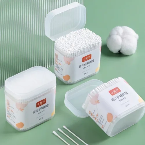 Chỗ sỉ hộp 200 Tăm Bông Ngoáy Tai - Tăm Bông Vcool 2 Đầu Tròn Và Dẹt Cho Bé Sơ Sinh 8x6x3.5cm
