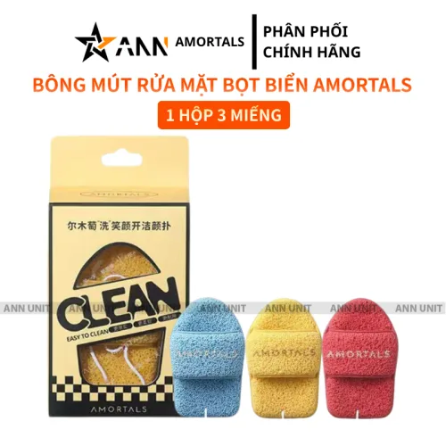 Bông Mút Rửa Mặt Bọt Biển AMORTALS Clean Easy To Clean, Hộp 3 Miếng Có Chữ