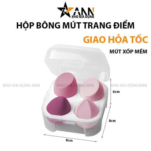Bộ 4 mút trang điểm hình giọt nước mềm mại, hộp 8x8x6cm
