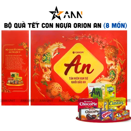 Shop sỉ hộp Bánh Tết Orion Tài Lộc 3 - Bộ Quà Tết Con Ngựa Orion An Tài Lộc 3 Hộp 1,3359kg Gồm 8 Món