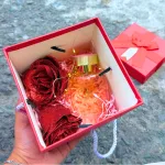 Hộp quà giấy vuông đỏ nắp rời, quai xách, có hoa kim tuyến, rơm và đèn đom đóm
