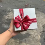 Hộp quà giấy vuông đỏ nắp rời, quai xách, có hoa kim tuyến, rơm và đèn đom đóm