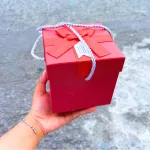 Hộp quà giấy vuông đỏ nắp rời, quai xách, có hoa kim tuyến, rơm và đèn đom đóm