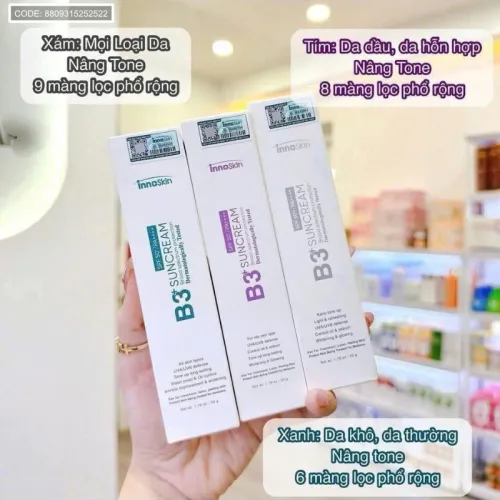 Chuyên sỉ kem Chống Nắng B3 InnoSkin Màu Tím Cho Da Dầu