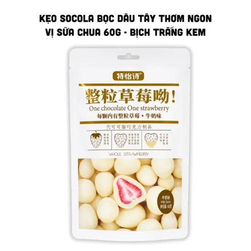 Kẹo socola phủ dâu tây vị sữa chua 60g, bịch trắng kem