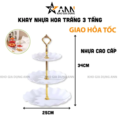 Chuyên sỉ khay Nhựa Hoa Trắng 3 Tầng - Khay Đựng Mứt Bánh Kẹo Tết 34x25cm