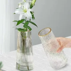 Chuyên sỉ lọ Hoa Thủy Tinh Trụ Sọc Viền Vàng Lucas 21x7x10cm