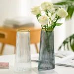 Chuyên sỉ lọ Hoa Thủy Tinh Trụ Sọc Viền Vàng Lucas 21x7x10cm