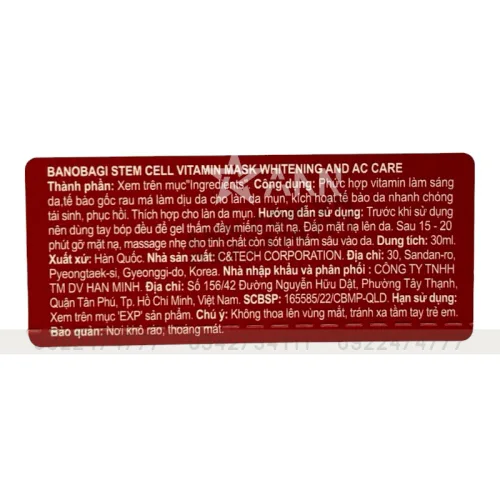 Mặt nạ Banobagi Stem Cell Vitamin Mask Whitening AC Care hộp 10 miếng màu hồng