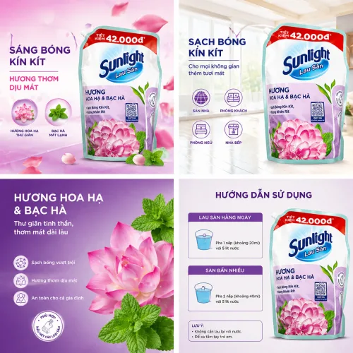 Nước lau sàn SUNLIGHT túi 3.6kg hương Hoa Hạ & Bạc Hà