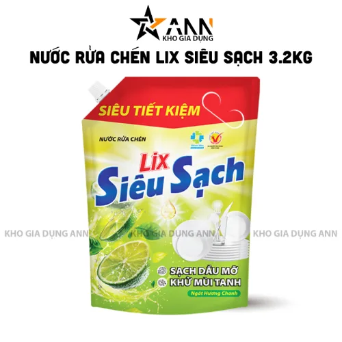 Nước rửa chén LIX Siêu Sạch hương chanh dạng túi 3.2kg